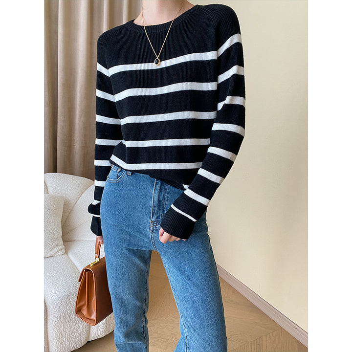 Damen gestrickter Pullover mit breiten Streifen und eleganter Passform Drune
