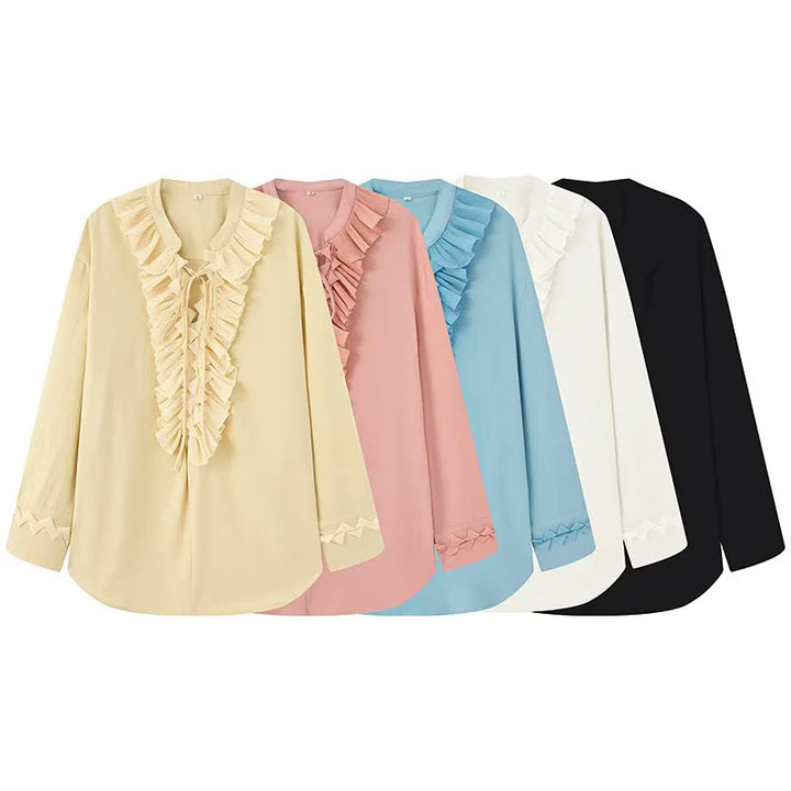 Damen nan Rüschenbluse mit Neck-Tie, plissierten Volants vorn und legerer Longline-Silhouette Drune