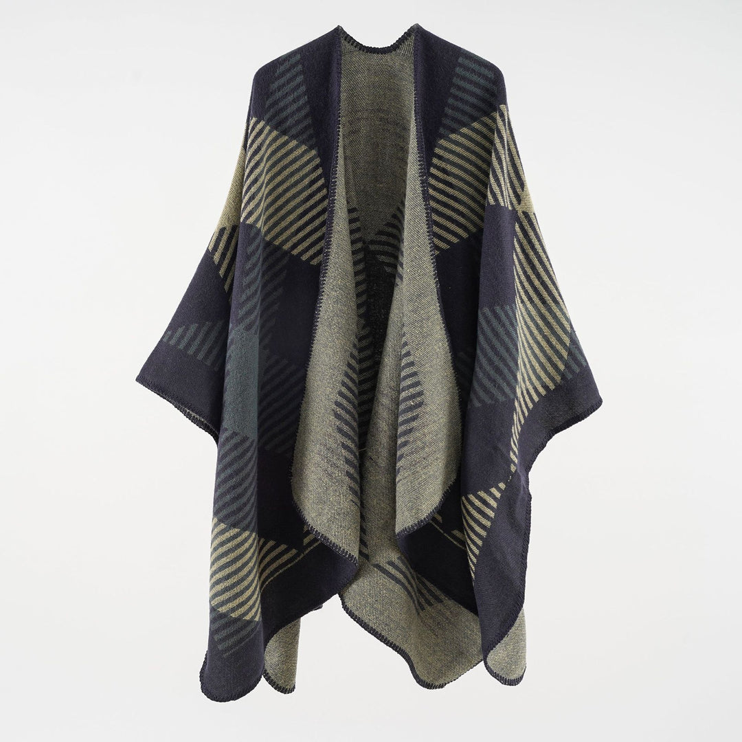 Damen Umhangponcho aus Wollmix mit geometrischem Streifen-Jacquard und offener Kantennaht Drune