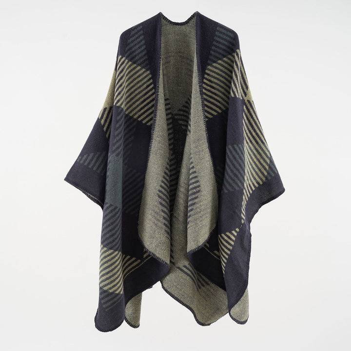 Damen Umhangponcho aus Wollmix mit geometrischem Streifen-Jacquard und offener Kantennaht Drune