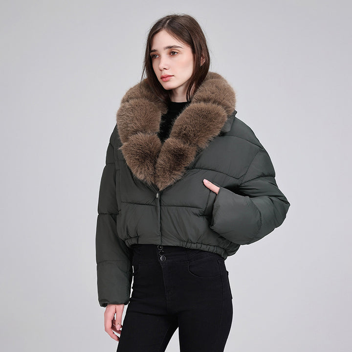 Damen nan cropped Isolationsjacke mit voluminösem Kunstpelz-Schalkragen und elastischem Saum Drune