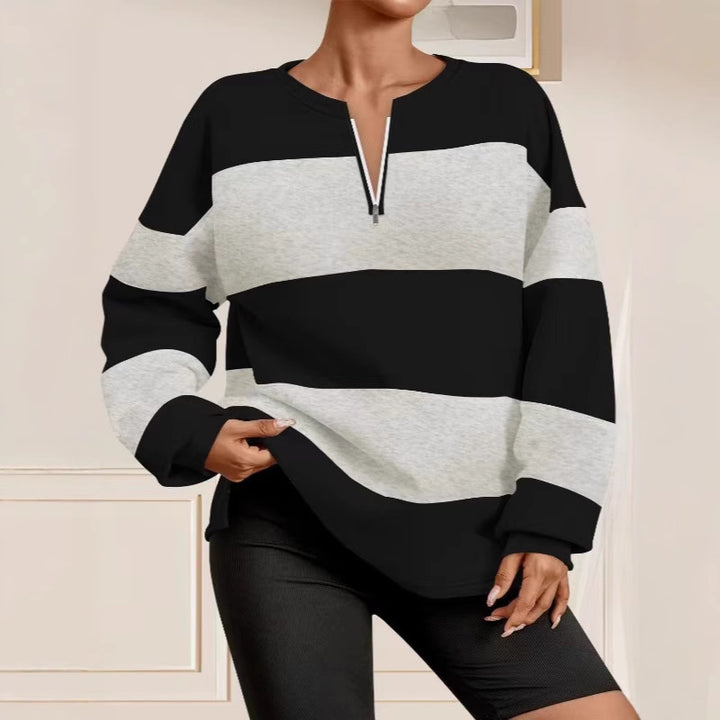 Damen Langarm Sweatshirt mit modernem Reißverschluss und gestreiftem Design Drune