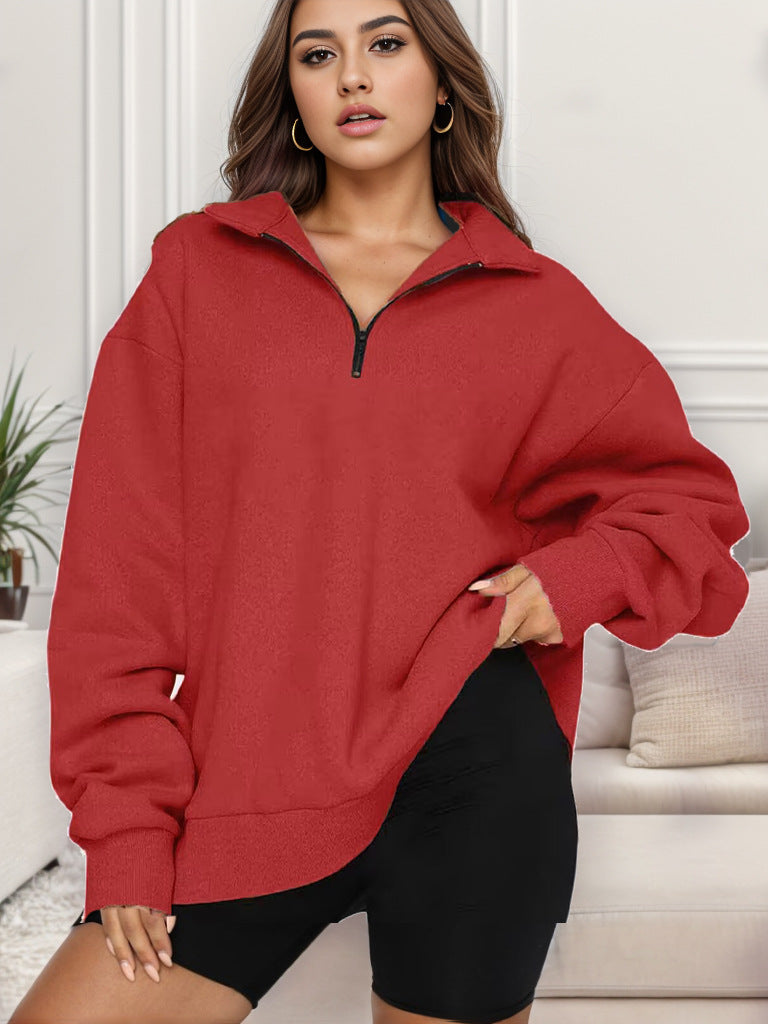 Damen nan übergroßes Sweatshirt mit Halbreißverschluss und Stehkragen Drune