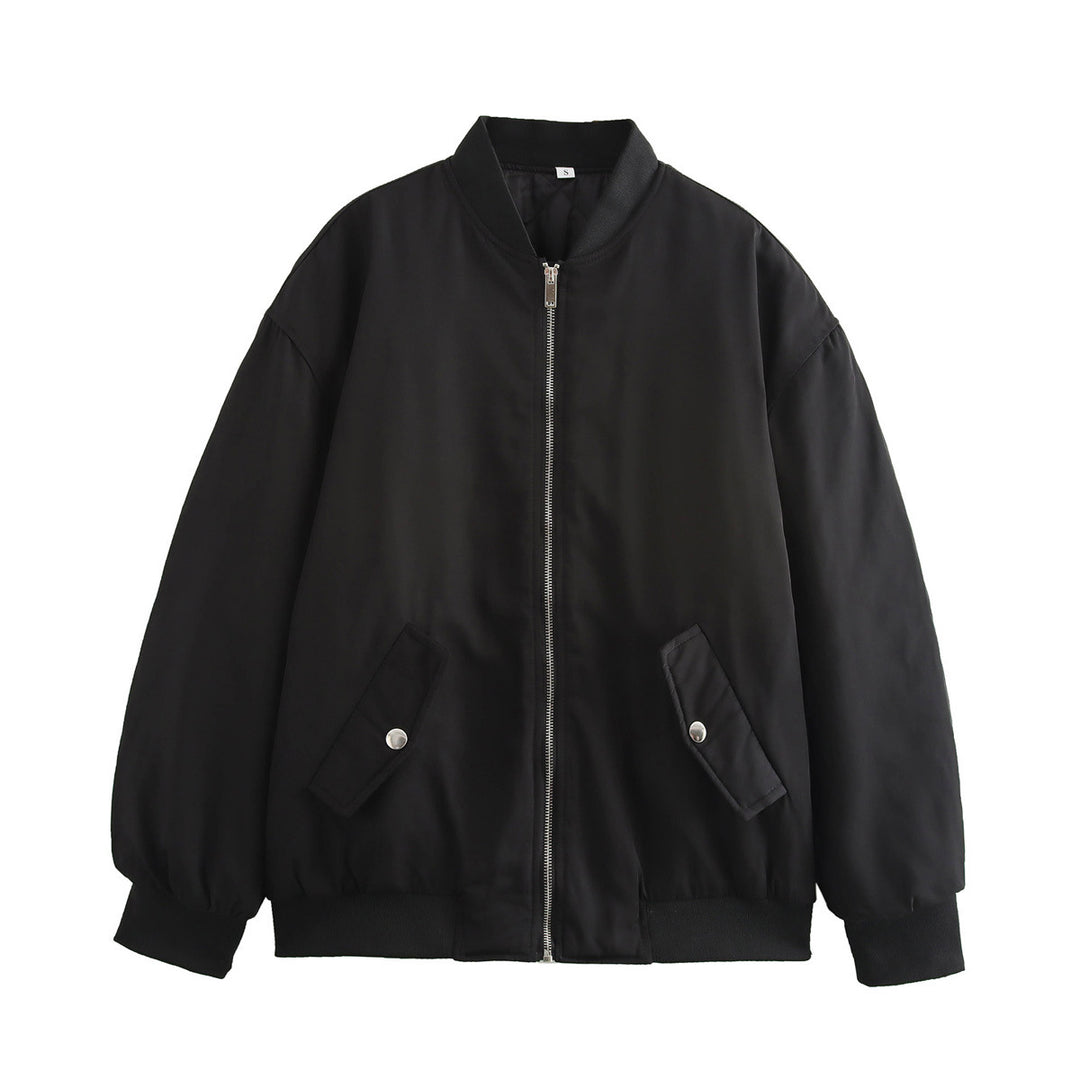 Damen nan oversized Bomberjacke mit Stehkragen, Reißverschluss und Druckknopf-Taschen Drune
