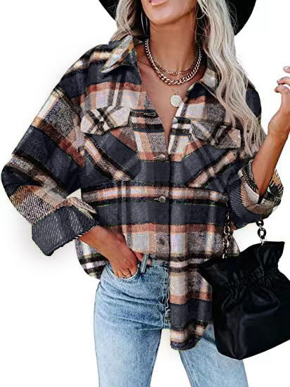 Damen Karierter Overshirt mit Knöpfen und Brusttaschen Drune