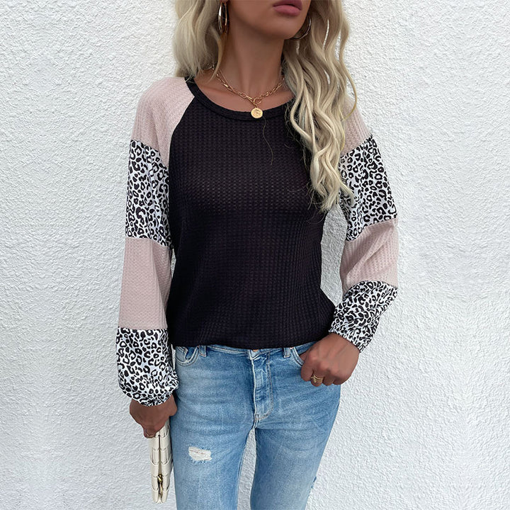 Damen Lässiges Waffelstrick-Shirt mit Raglanärmeln, Colorblock und Leo‑Einsätzen Drune