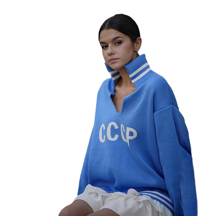 Damen lässiger Pullover mit sportlichem Schriftzug und trendigen Rippabschlüssen Drune