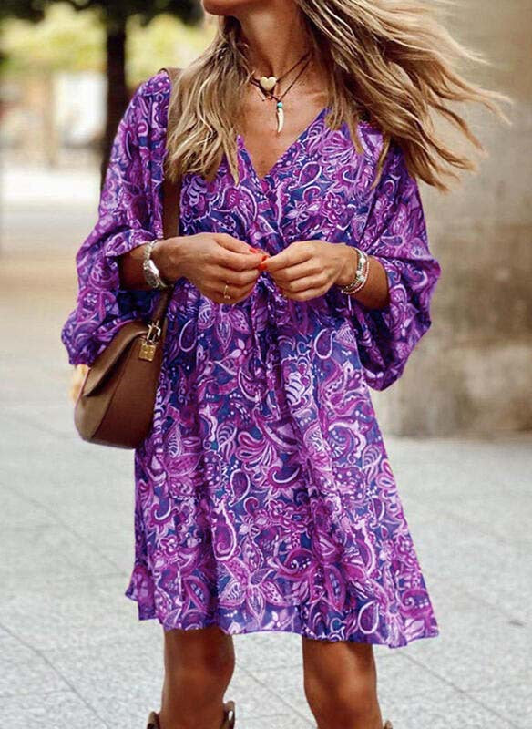 Frauen Boho Mini Kleid mit Paisley-Druck, V-Ausschnitt, gebundenem Gürtel und Ballonärmeln Drune