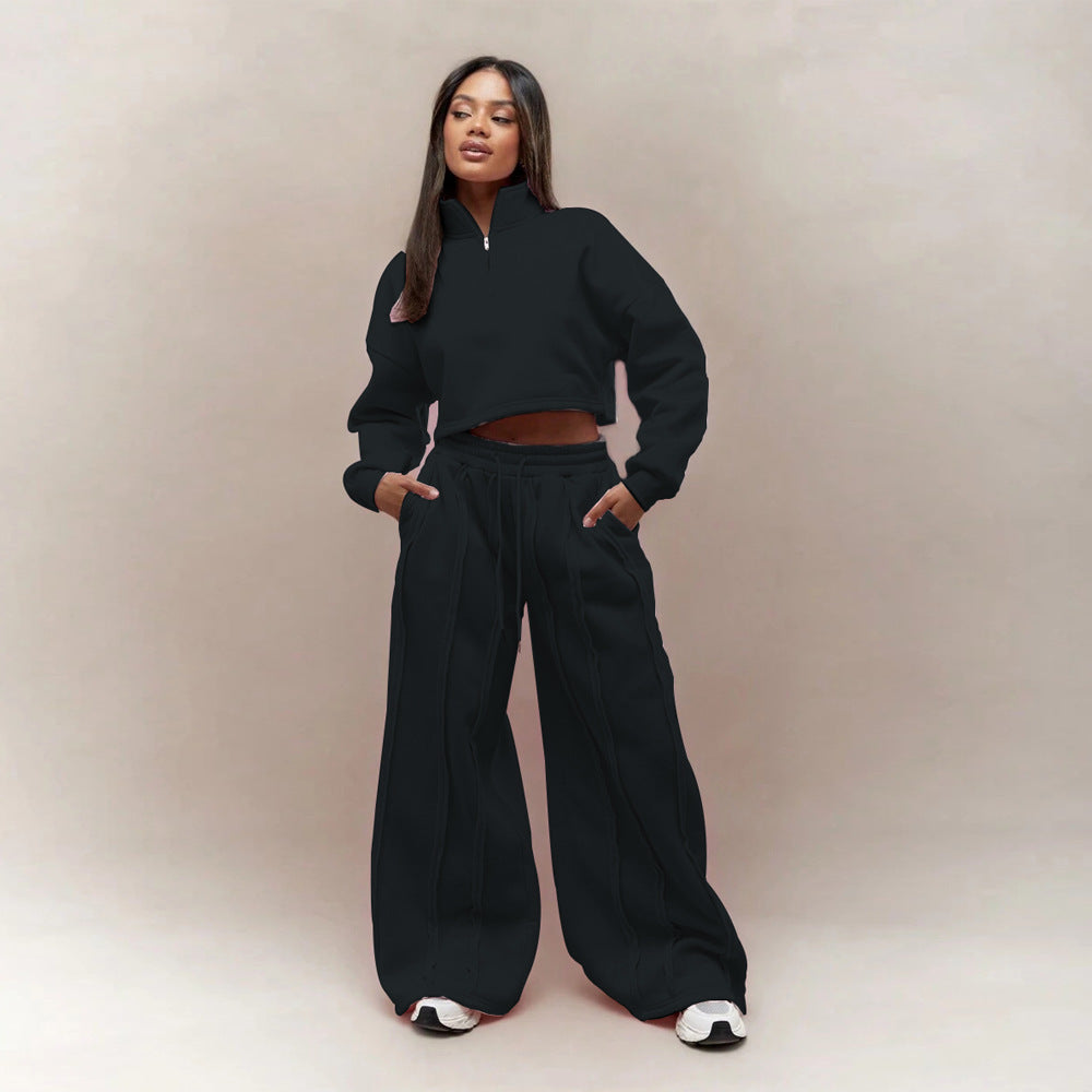 Damen Crop-Halbzip-Sweatshirt und High-Waist Wide-Leg Loungehose Set mit sichtbaren Naht-Details Drune