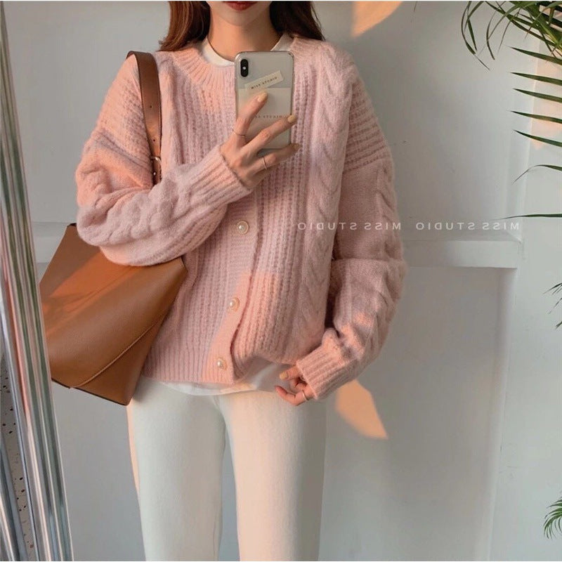 Damen Kuscheliger Strickcardigan mit Perlenknopfdetails und Zopfstruktur Drune