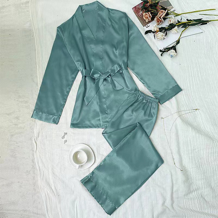 Damen satinierter Kimono-Style Morgenmantel und Hose Set Drune