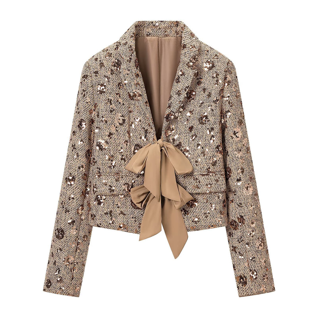 Damen Pailletten-Tweedjacke mit dekorativem Schleifenverschluss Drune