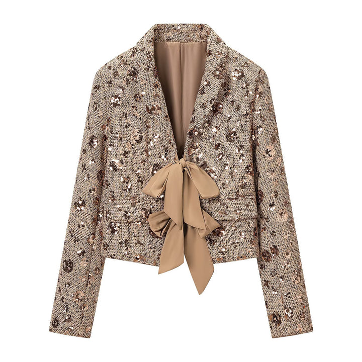 Damen Pailletten-Tweedjacke mit dekorativem Schleifenverschluss Drune