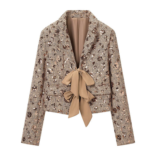 Damen Pailletten-Tweedjacke mit dekorativem Schleifenverschluss Drune