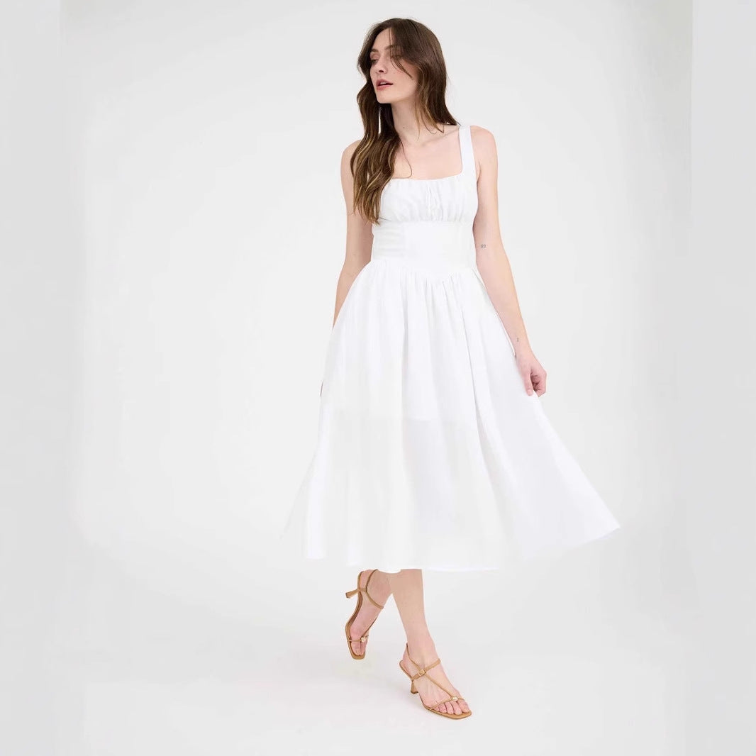 Damen elegante Sommermittelkleid mit tiefem Ausschnitt und praktischen Taschen Drune