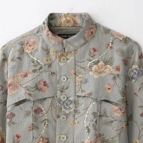 Damen Kurze Jacquard‑Blousonjacke mit Stehkragen, floraler Jacquard‑Stickerei und Pattentaschen Drune