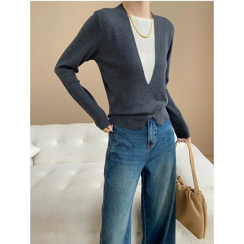 Damen figurbetonter V-Ausschnitt Pullover mit raffinierter Taillierung und feiner Textur Drune