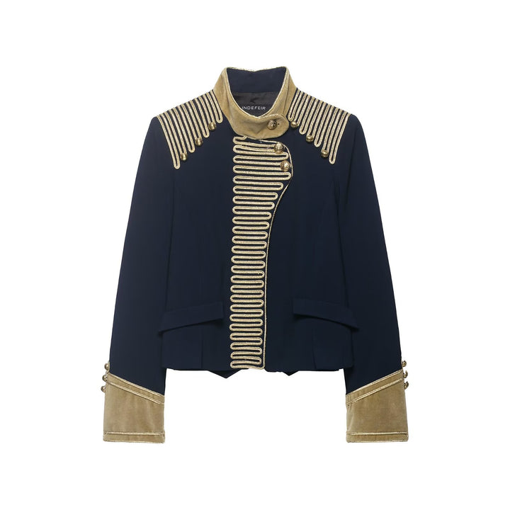 Damen Cropped Militärjacke im Parade‑Look mit goldener Kordelverzierung und Samtmanschetten Drune