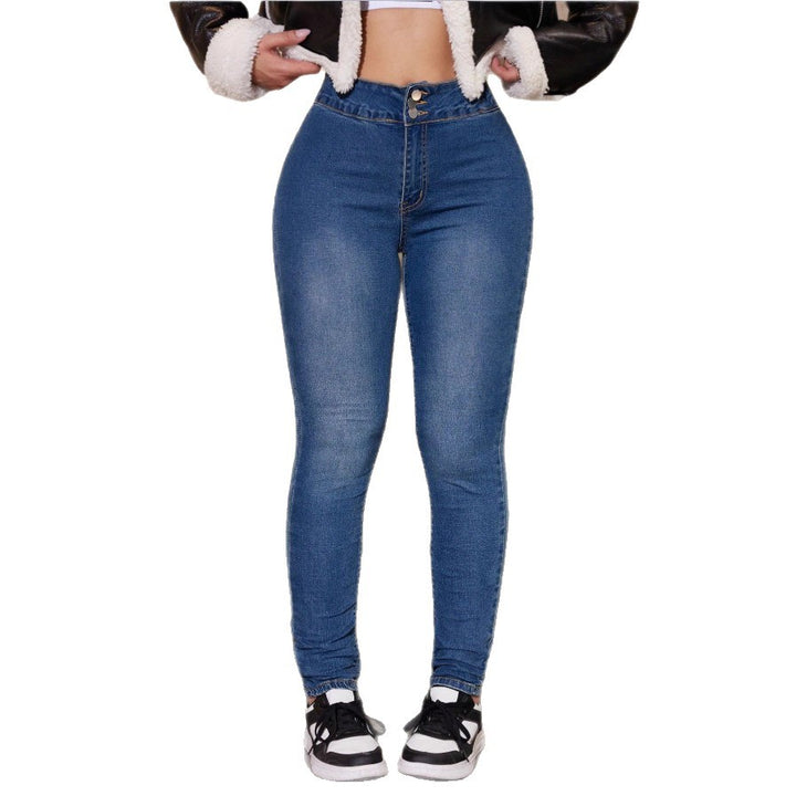 Damen hochtaillierte formende Skinny-Jeans mit Doppelknopfbund und knöchellanger Passform Drune