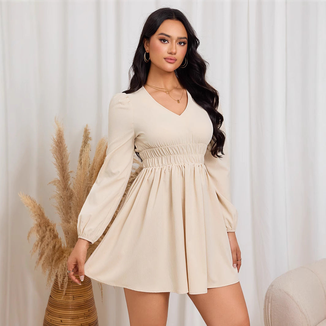 Damen gerafftes Skater-Minikleid mit V-Ausschnitt Smok-Taillenband und ballonärmeln Drune