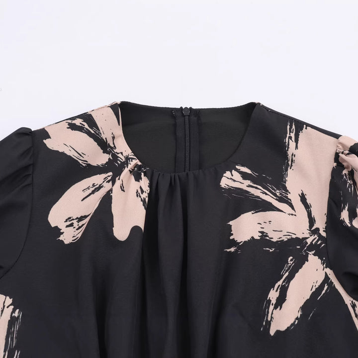 Damen nan Midikleid mit floraler Allovermusterung, Taillen-Cut-Out und mehrlagigen Volants Drune