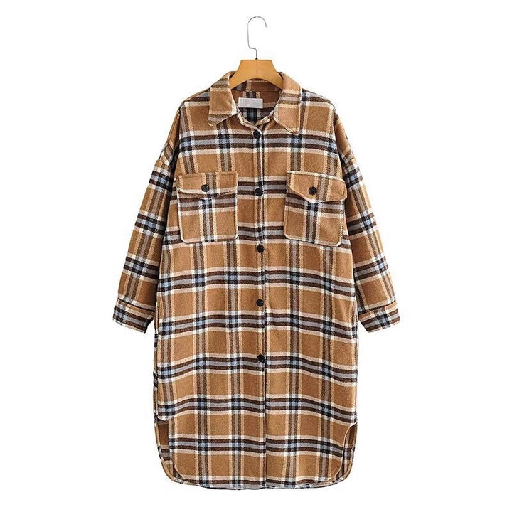 Damen Oversize Karo-Hemdjacke im Longline-Cut mit aufgesetzten Brusttaschen Drune