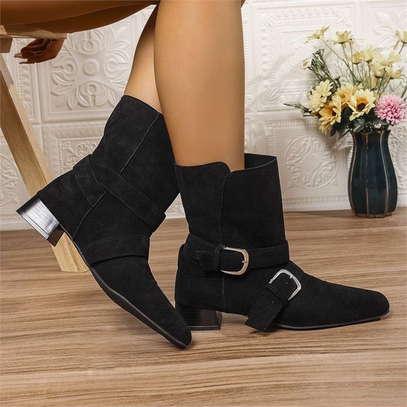 Damen Mittelhohe Wildlederoptik-Stiefelette mit quadratischer Spitze, verstellbaren Schnallenriemen und flachem Blockabsatz Drune