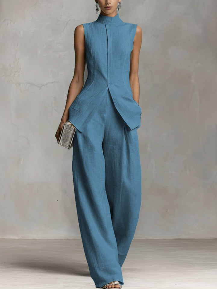 Damen Eleganter Jumpsuit mit hochgeschlossenem Kragen und weitem Bein Drune