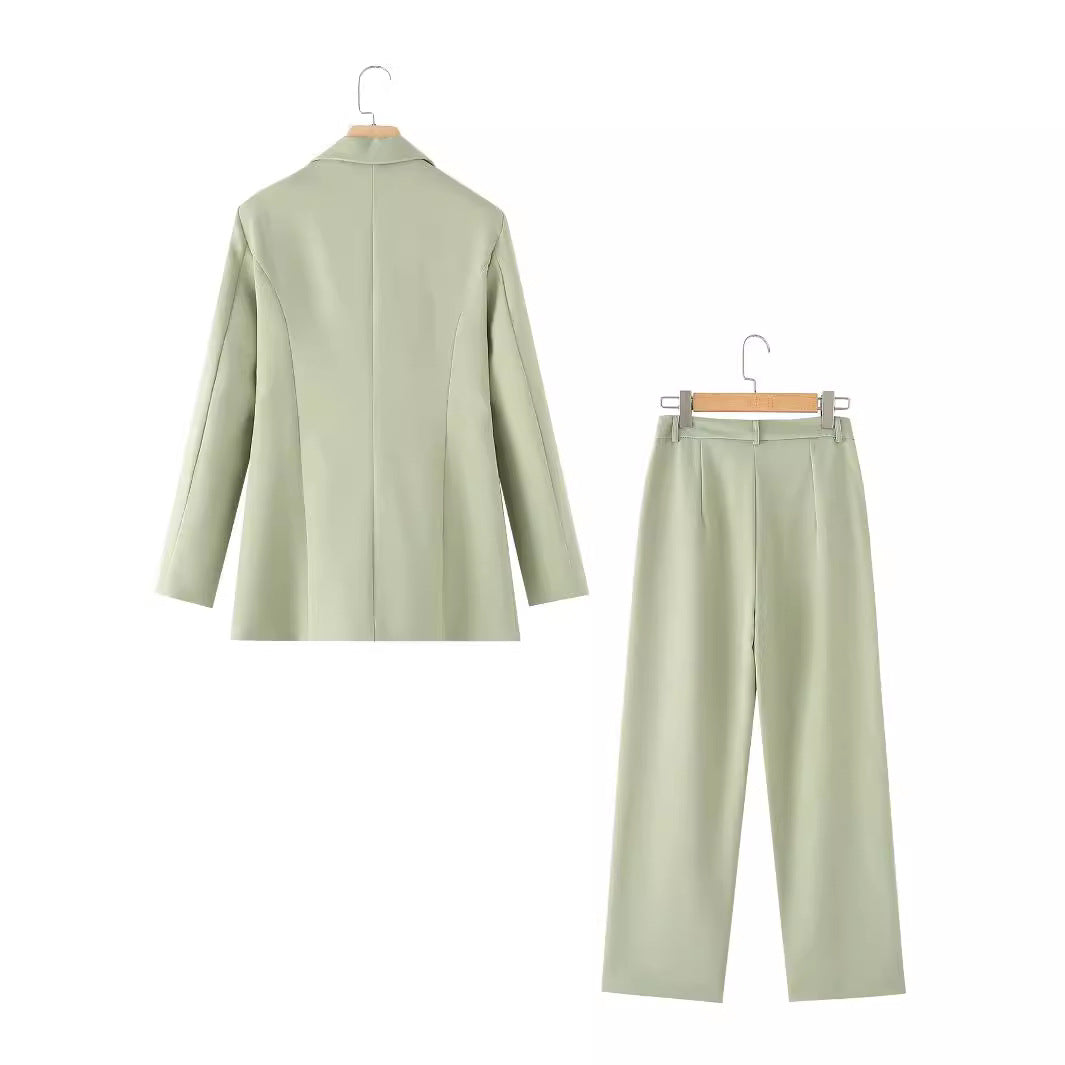 Damen nan tailliertes Blazer- und Highwaist-Hose Zweiteiler mit Bindegürtel Drune