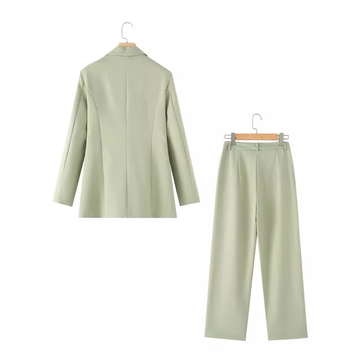 Damen nan tailliertes Blazer- und Highwaist-Hose Zweiteiler mit Bindegürtel Drune