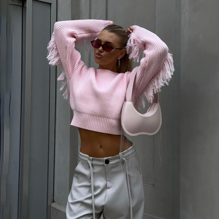Damen Modischer Crop-Pullover mit Fransen Drune