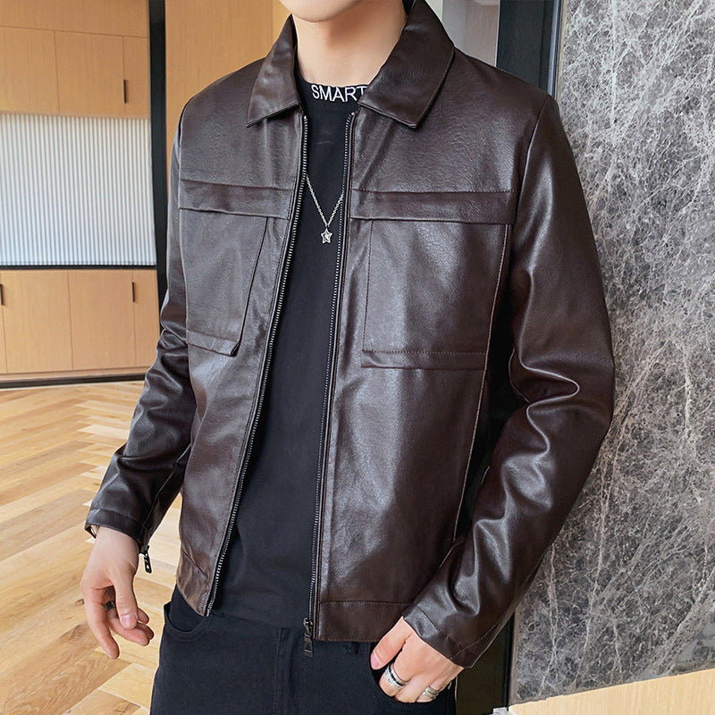 Herren minimalistisches Kunstleder-Zipblouson mit Hemdkragen und Pattentaschen Drune