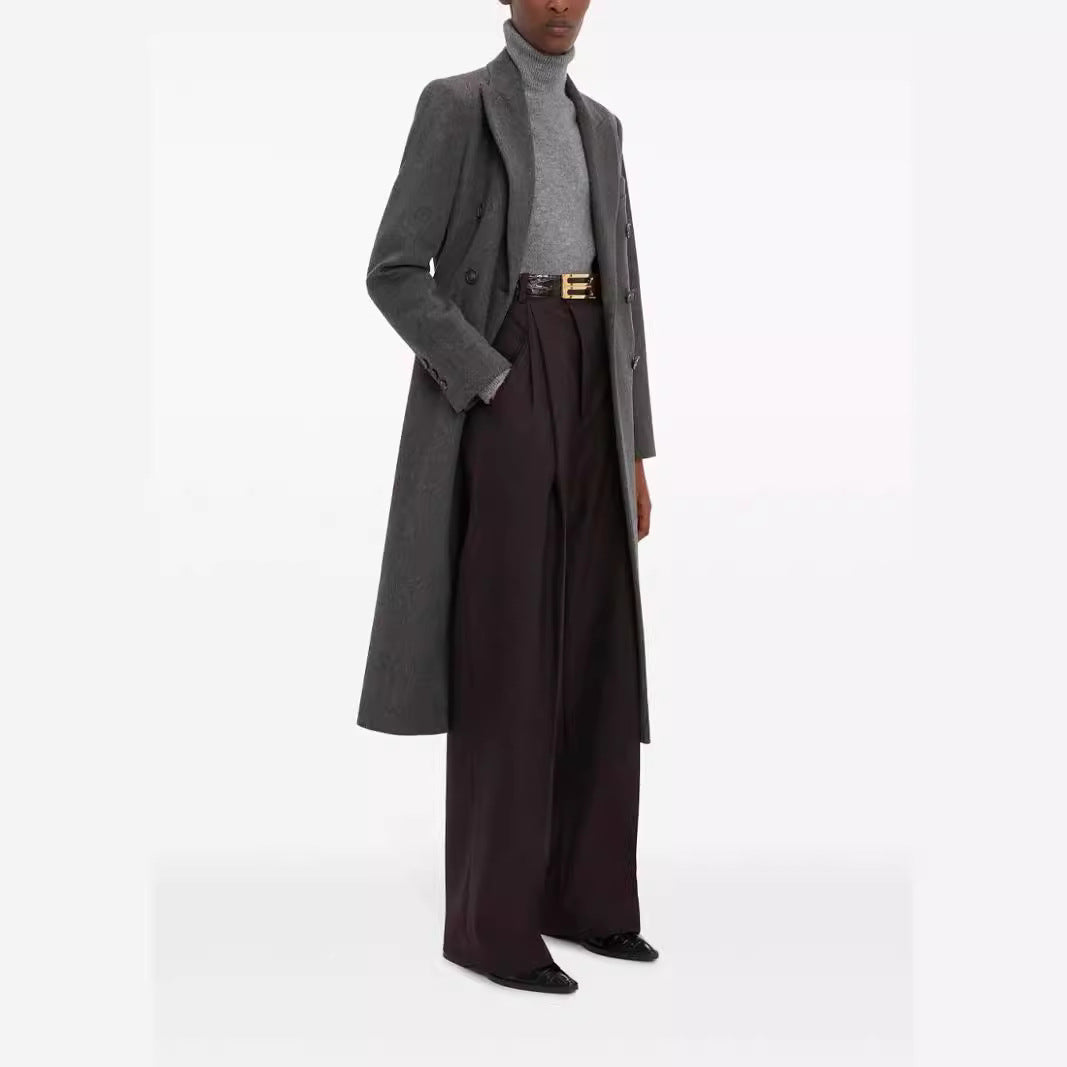 Damen Doppelreihiger Longcoat im Tailoring‑Look mit schmaler Silhouette und markanter Schulter Drune