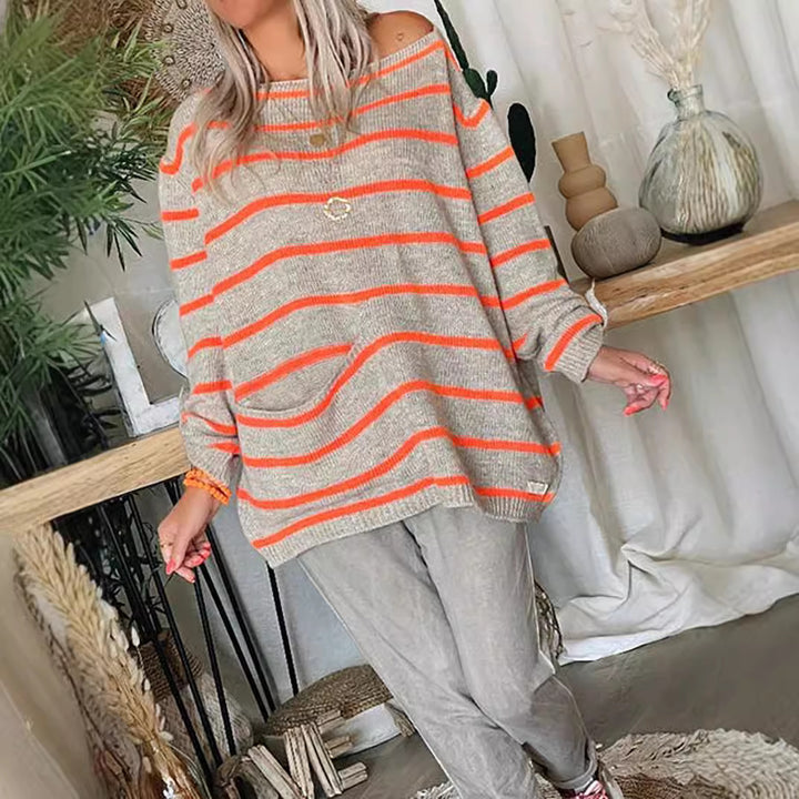 Damen lässiger Strickpullover mit langen Ärmeln und großzügigen Taschen Drune