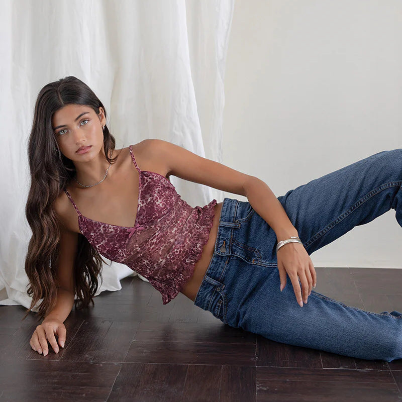 Damen Spaghetti-Träger-Top mit transparentem Obermaterial und Rüschendetail Drune