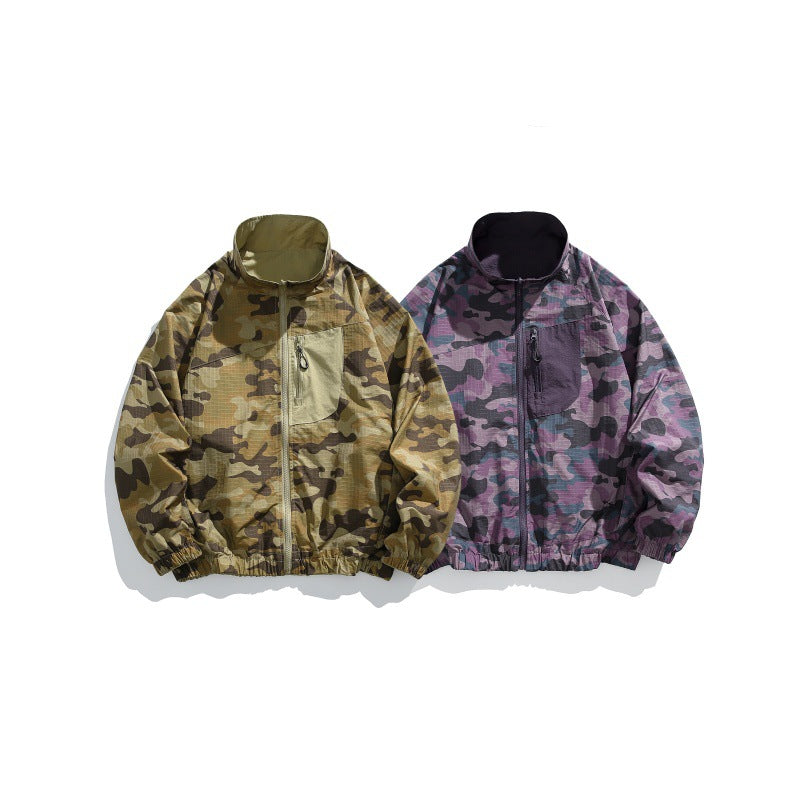 Unisex Leichter Camo‑Windbreaker mit hohem Stehkragen, Brustreißverschluss und elastischem Saum Drune