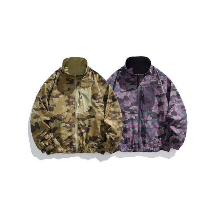 Unisex Leichter Camo‑Windbreaker mit hohem Stehkragen, Brustreißverschluss und elastischem Saum Drune
