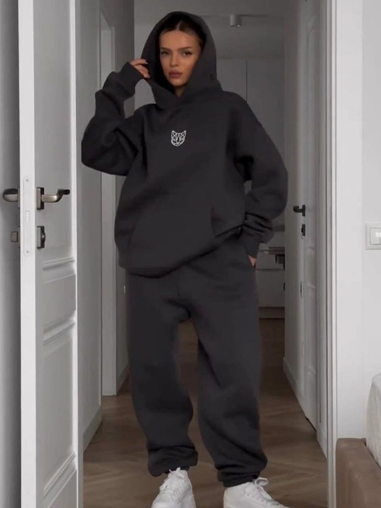 Damen Cropped Kapuzenpullover und weite High-Waist Jogginghose Set Drune