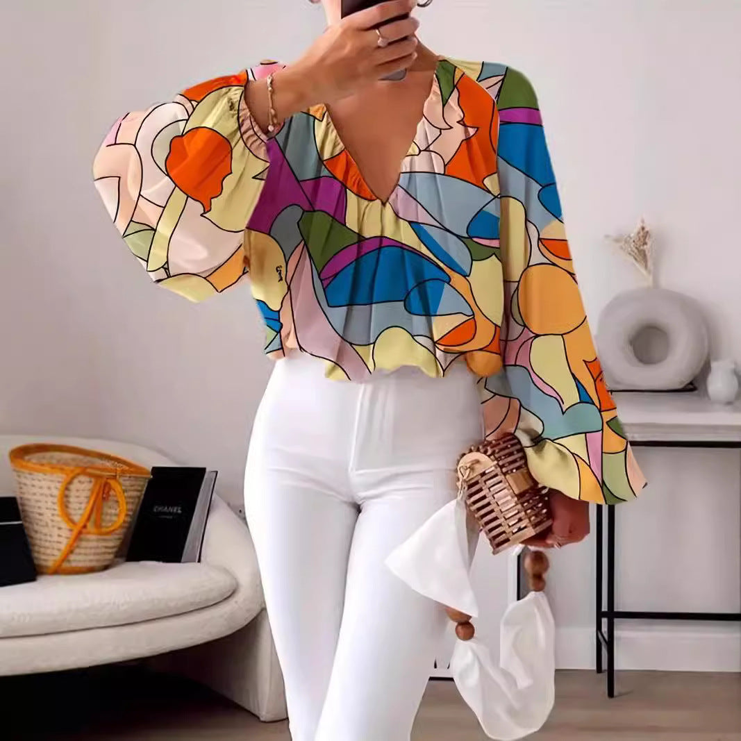 Damen Bluse mit V-Ausschnitt und modischem Grafikdesign Drune
