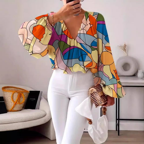 Damen Bluse mit V-Ausschnitt und modischem Grafikdesign Drune