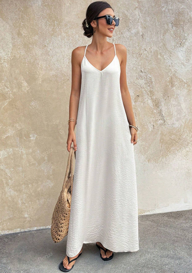 Damen Fließendes Maxikleid mit Spaghettiträgern, V-Ausschnitt und sommerlicher Leinenoptik Drune