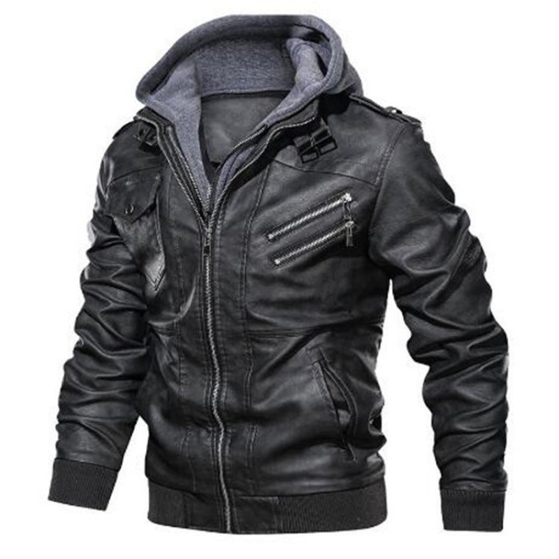 Herren Lederjacke im modernen Biker-Stil mit abnehmbarer Kapuze Drune