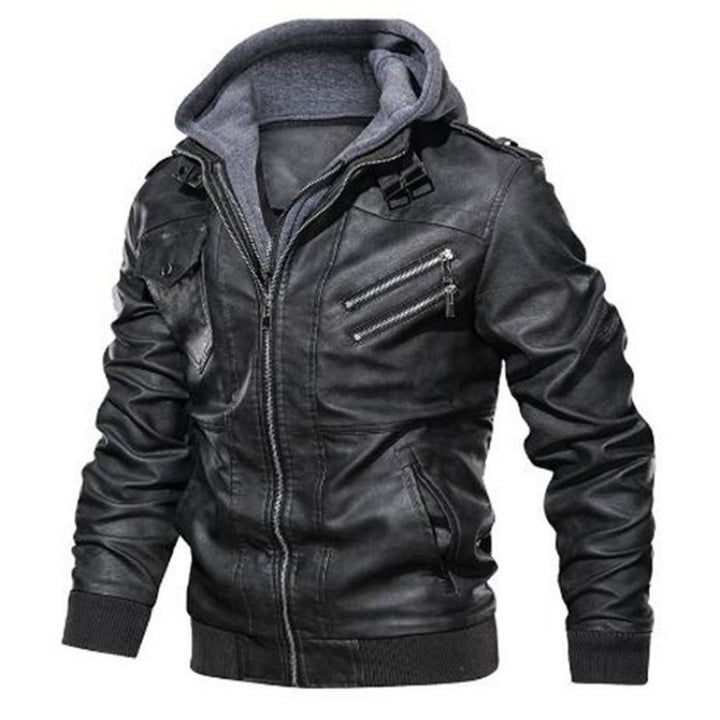 Herren Lederjacke im modernen Biker-Stil mit abnehmbarer Kapuze Drune