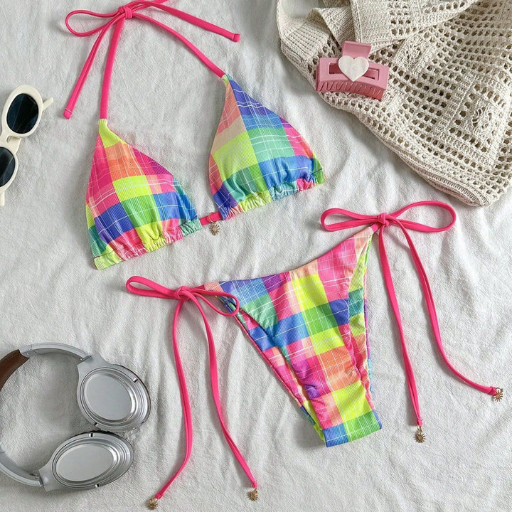 Damen Bunt karierter Triangel-Bikini mit seitlichen Bindebändern Drune
