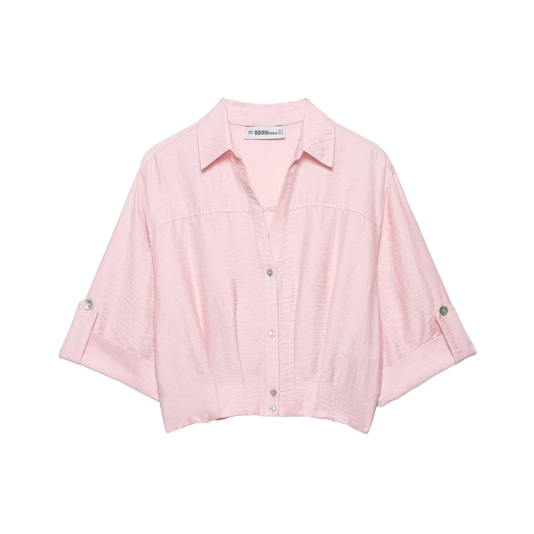 Damen Kastige Cropped-Bluse mit Hemdkragen, verkürztem Saum und Aufrollärmeln Drune
