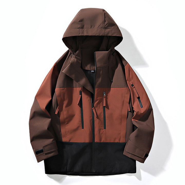 Herren Wasserabweisende Colorblock-Outdoorjacke mit Kapuze, Mehrfach-Reißverschlusstaschen und verstellbaren Bündchen Drune