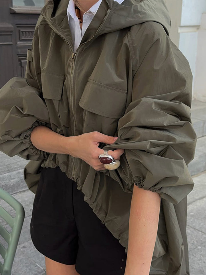 Damen Übergangsjacke mit Kapuze und voluminösen Ärmeln Drune