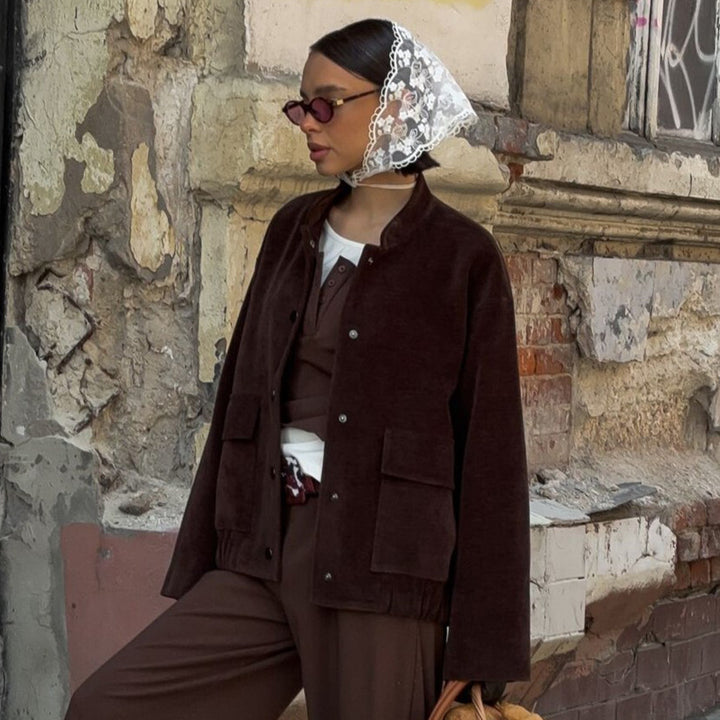 Damen Modischer Cord-Jacke mit breitem Kragen und aufgesetzten Taschen Drune