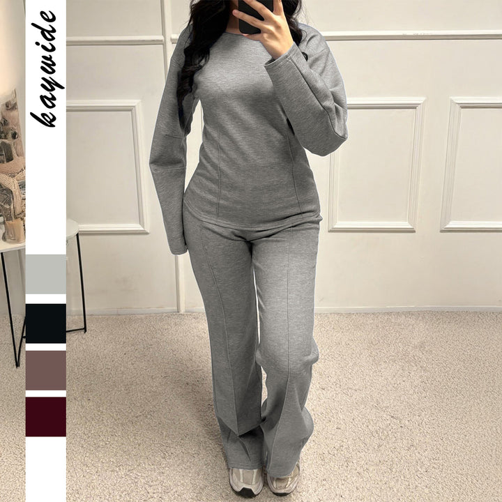 Damen nan weiches Lounge-Set mit tailliertem Sweatshirt, formgebenden Nahtdetails und weitem Palazzohosen-Bein Drune