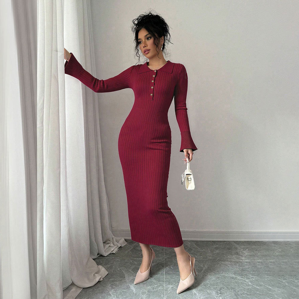 Damen Langarm-Kleid mit figurbetonendem Rippdesign und schickem Kragen Drune